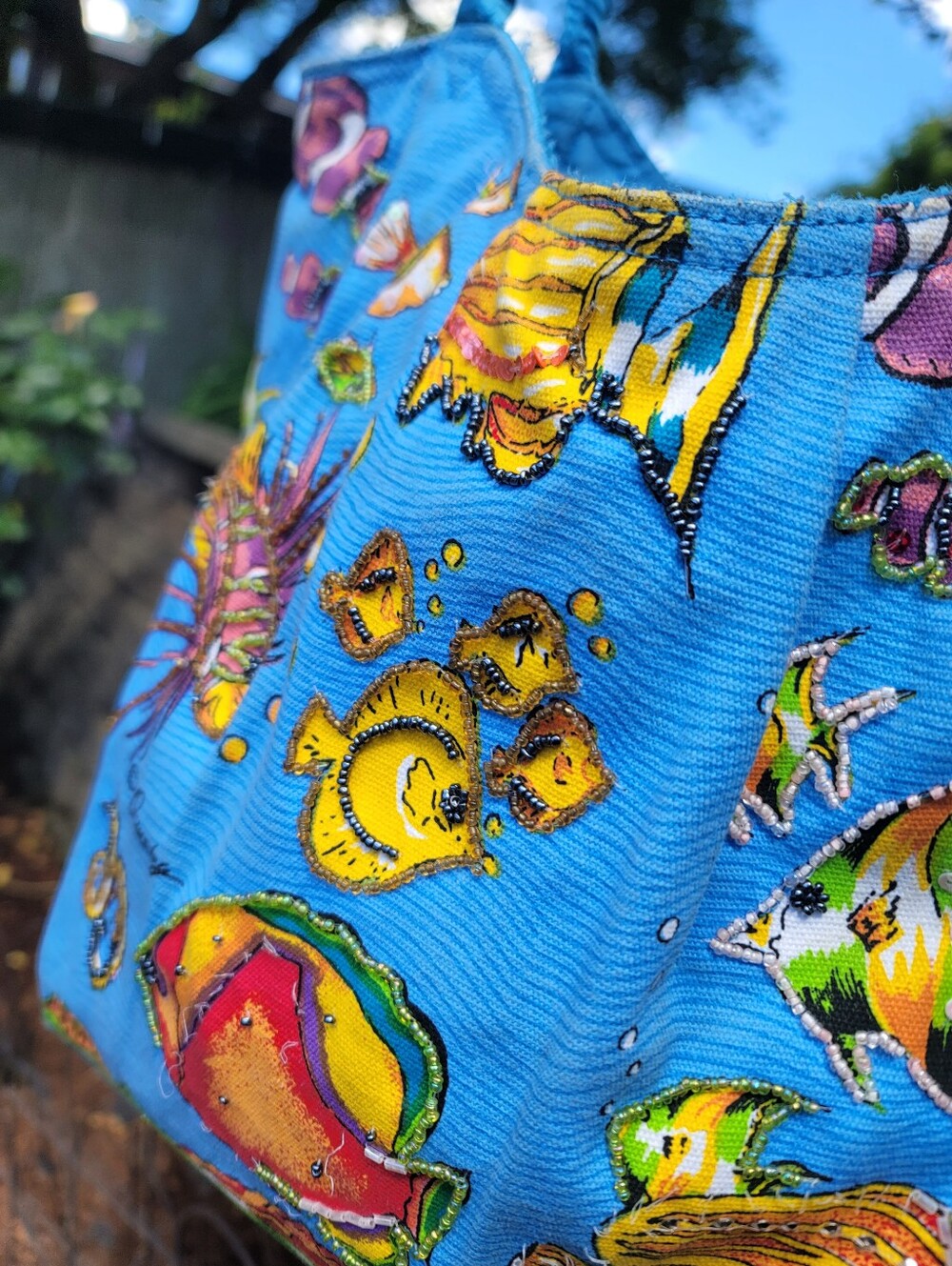 Vintage 90s Ann Ormsby Quasby Beach Elements Tropical Fish Beaded Tote Bag Y2K - Picture 9 of 17